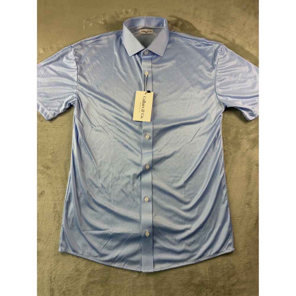 Collars & Co Mens Medium Blue Houndstooth Short Sleeve Button Down Polo Shirt